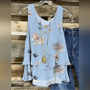 Floral Print Tank Top - Crew Neck.  Semi-sheer - Light Blue NWT
